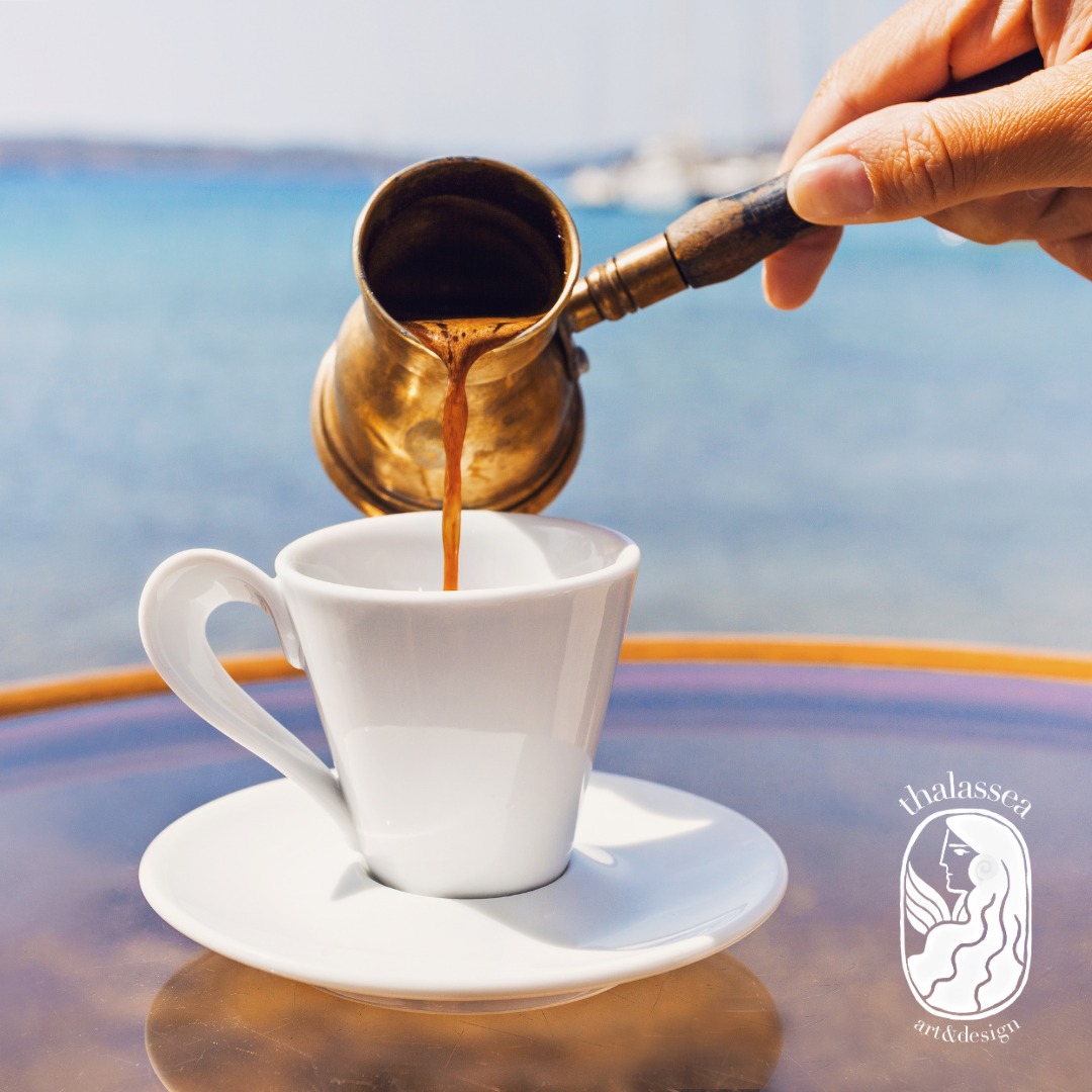 Traditional Greek coffee served in a briki with cup, showcasing authentic Greek coffee brewing method