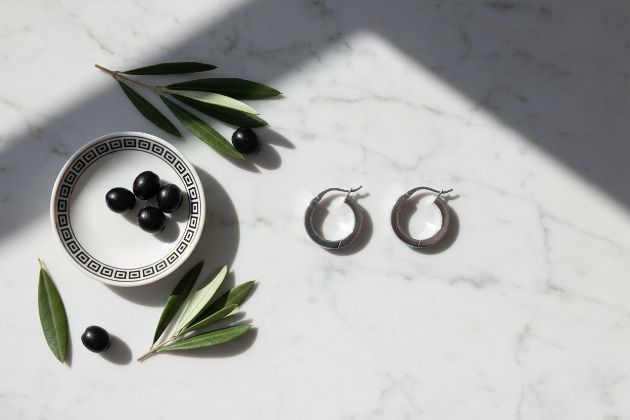 Silver hoop earrings on a marble surface with olives and olive leaves.