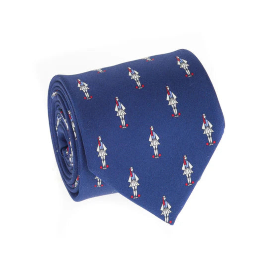 Roll of blue tie with pattern on a white background