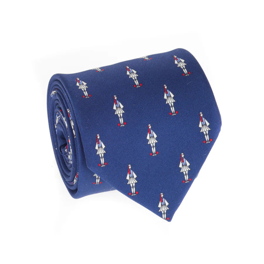 Roll of blue tie with pattern on a white background