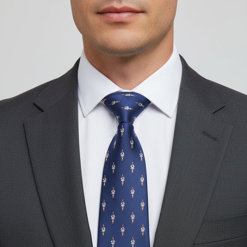 Man wearing a gray suit with a white shirt and blue patterned tie on a light gray background