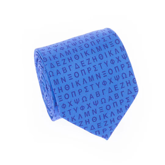 Blue tie with Greek alphabet pattern on a white background