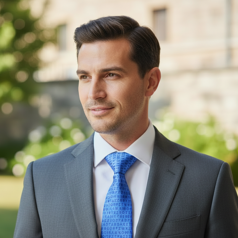 Man in a gray suit with a blue tie standing outdoors.
