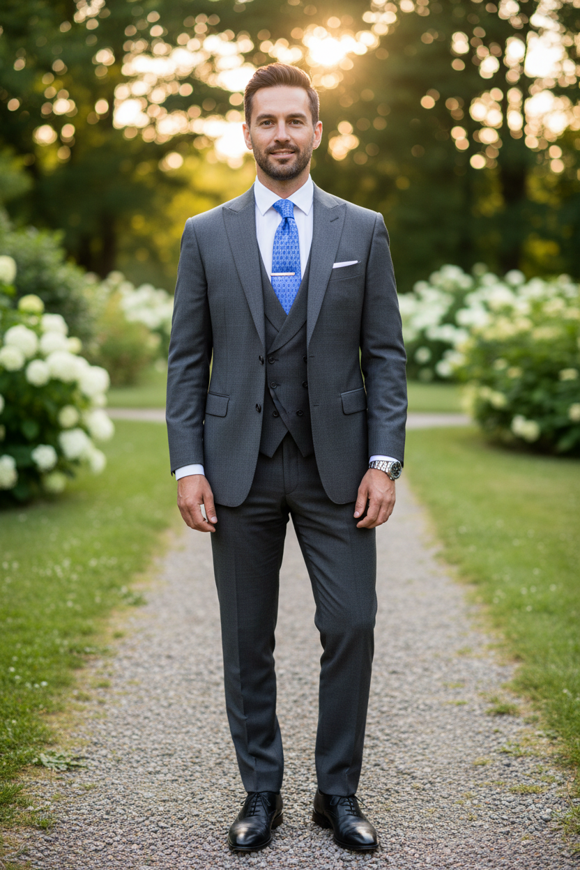 Blue tie with Greek alphabet pattern on a white background