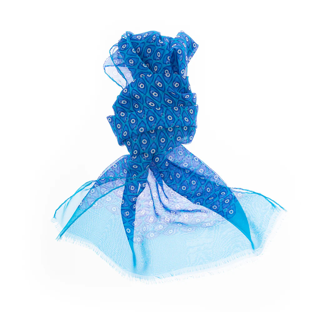 Blue and white patterned headscarf on a white background