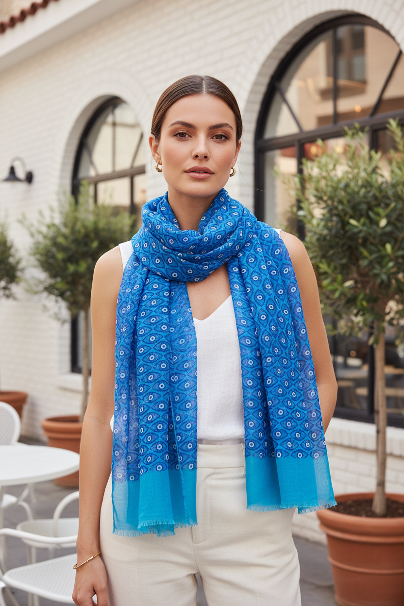 Woman wearing a blue patterned scarf outdoors