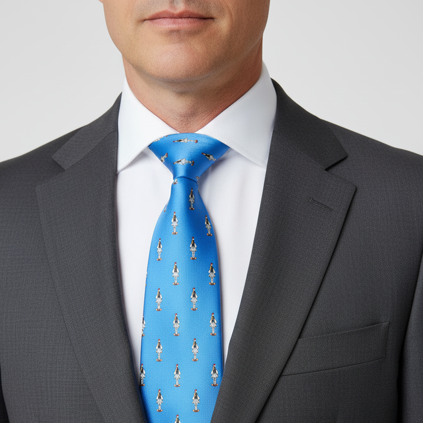 Man wearing a gray suit with a blue tie featuring small figures on a white background
