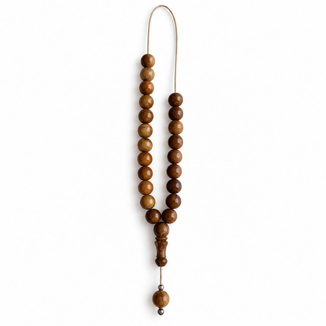 Brown round beads arranged vertically