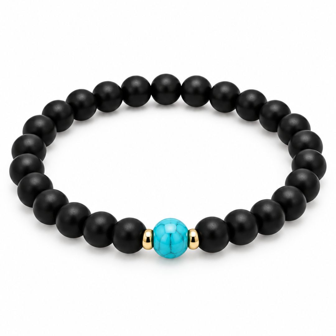 Black beaded bracelet with turquoise center stone