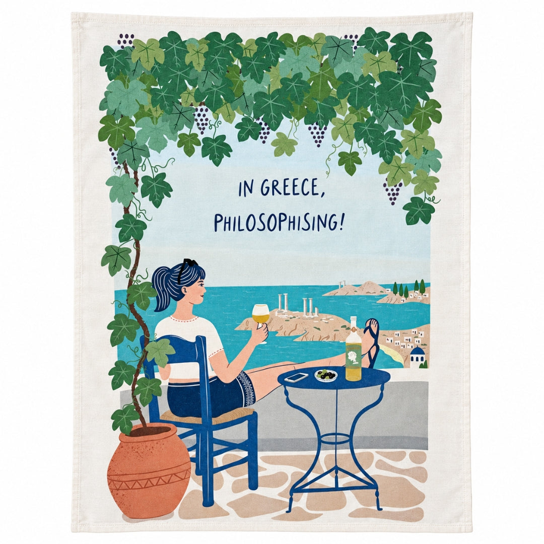 Illustrated Greece lifestyle tea towel