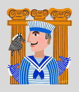 Illustration of a character in a sailor outfit with a zebra and columns in the background