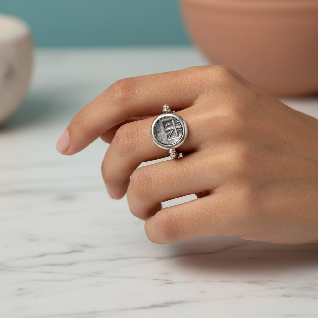Hand wearing a silver ring with a circular design on a marble surface.