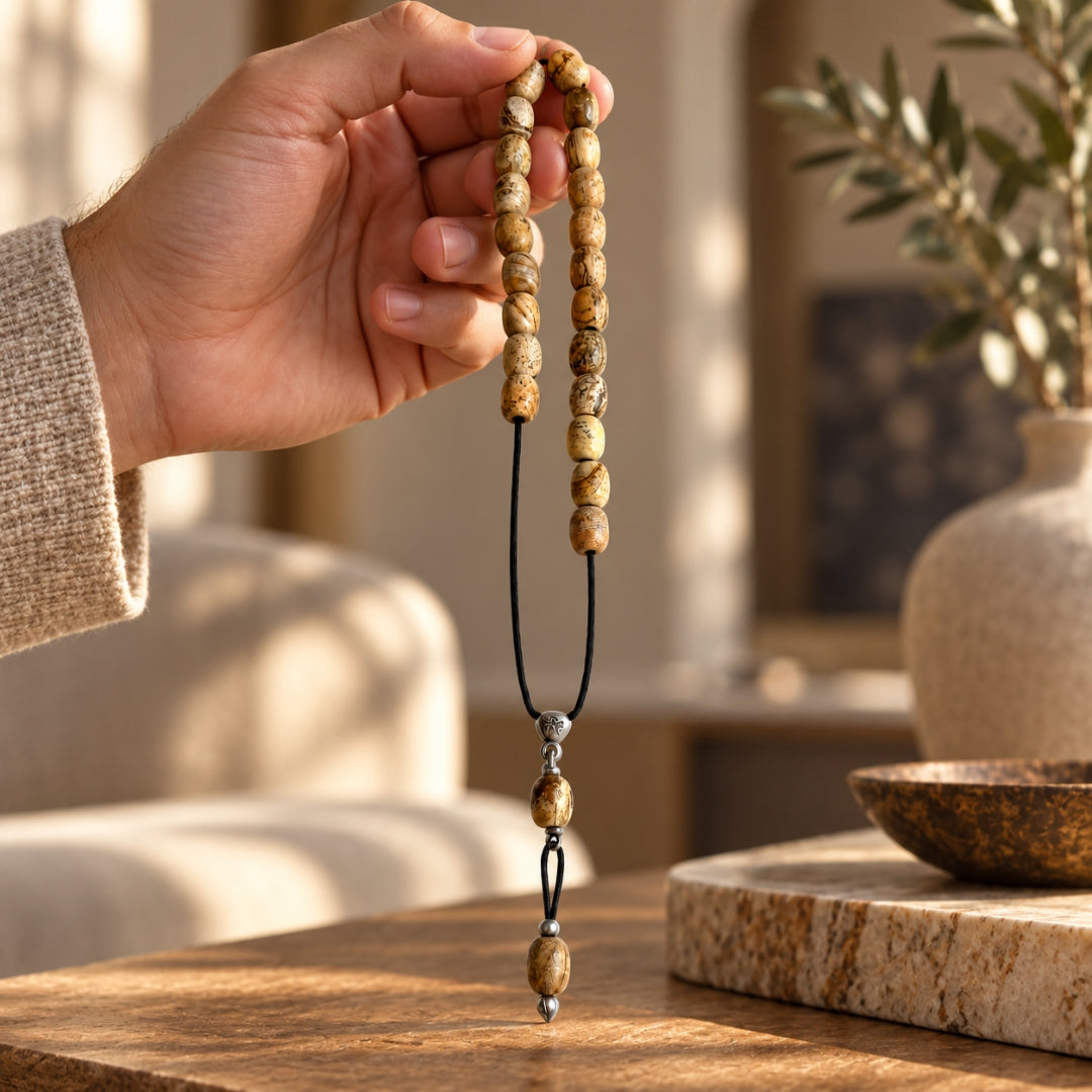 Hand holding picture jasper beads
