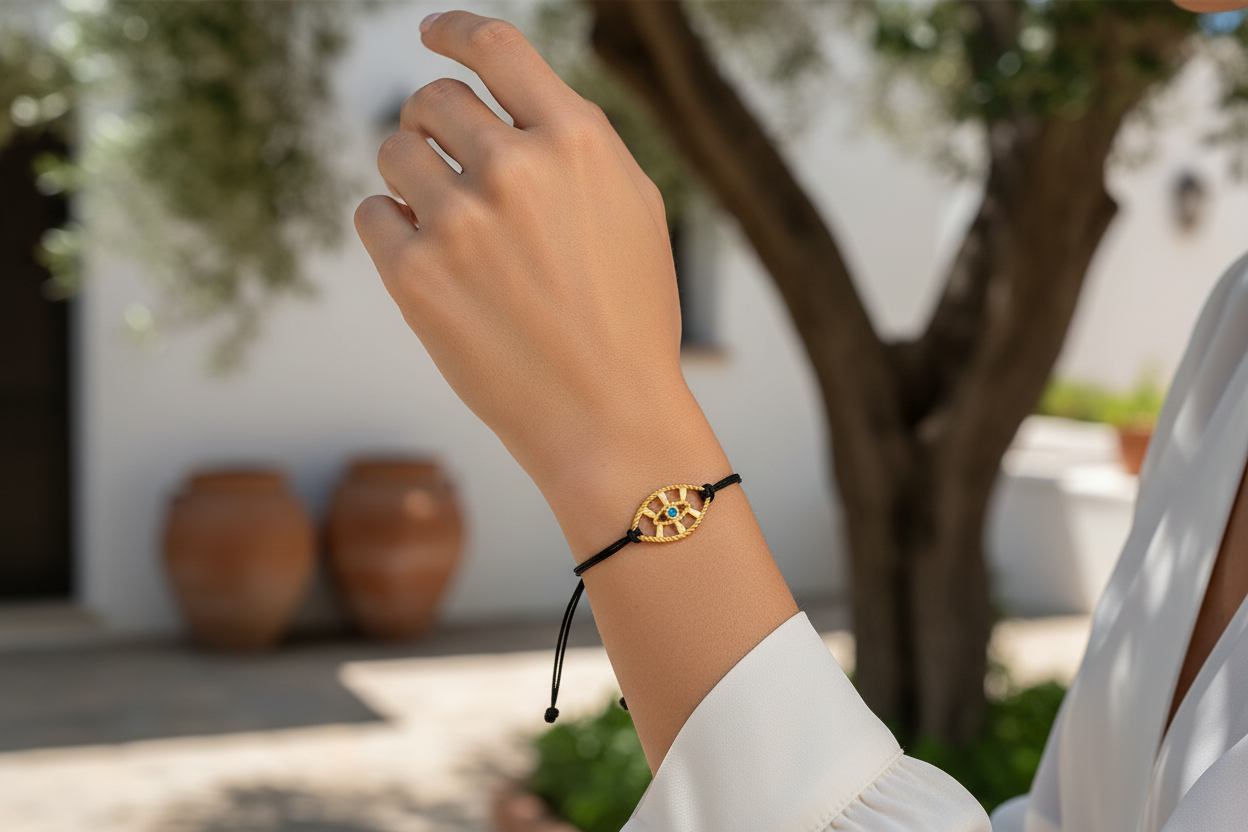 Hand wearing a bracelet with a decorative element against a blurred outdoor background