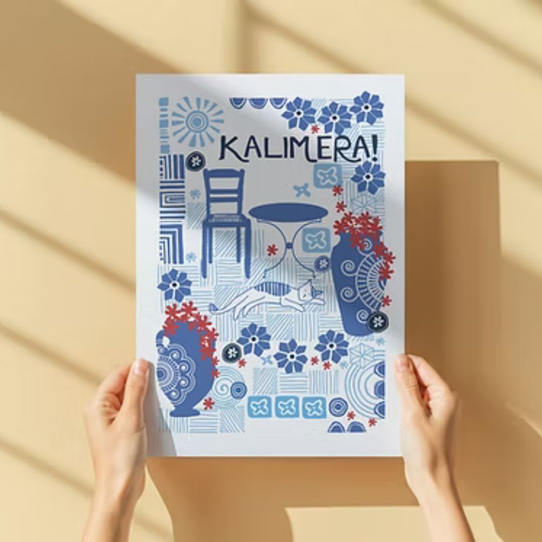 Hands holding Kalimera art print