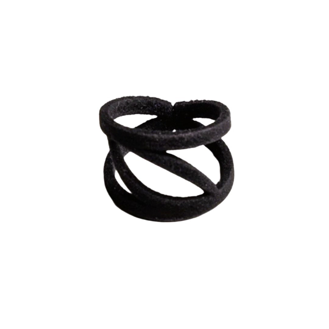 A black, adjustable 3D printed ring with a unique design, made using advanced 3D printing technology.