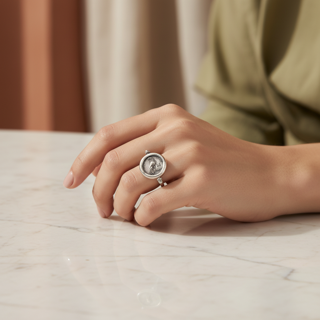 Hand wearing a silver ring with a circular design on a marble surface