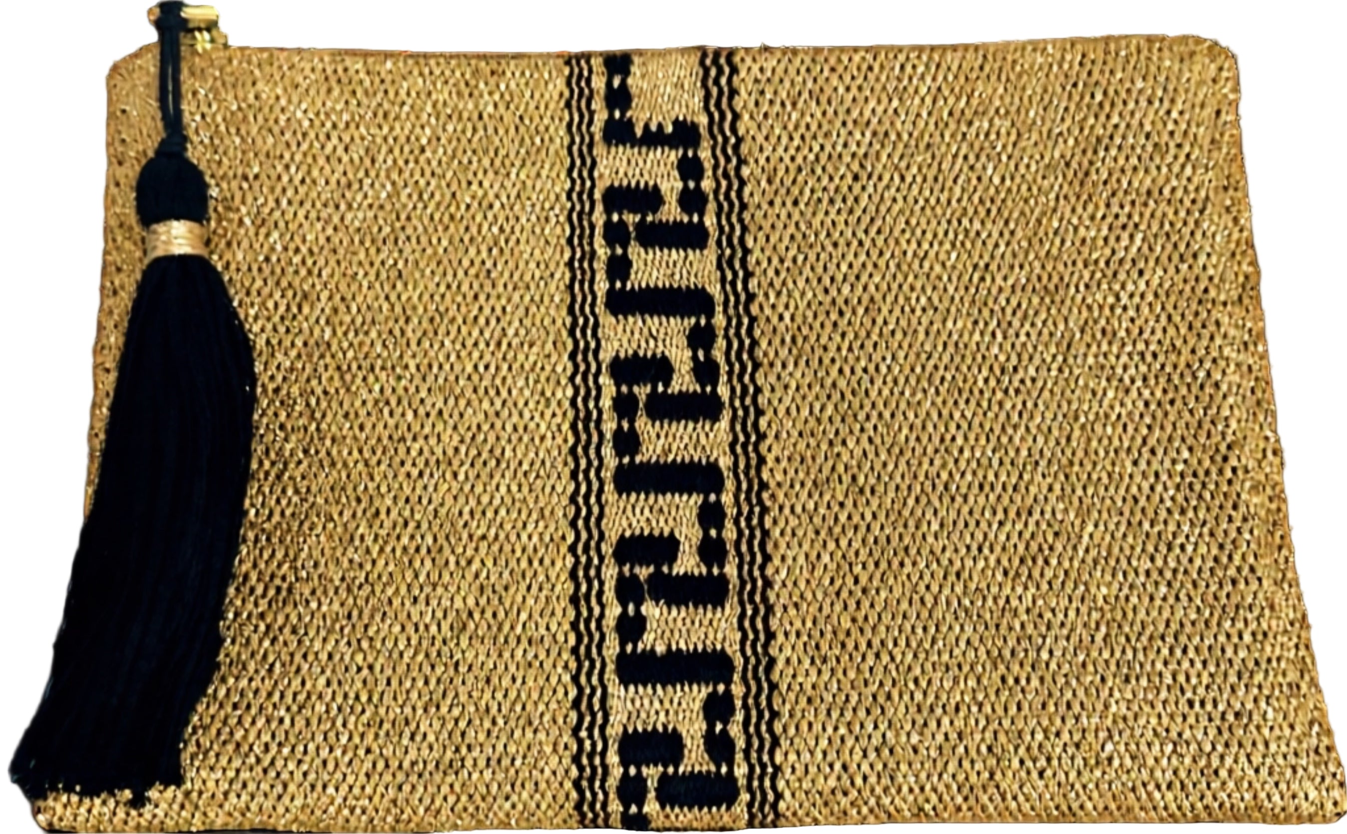 Textile pouch with woven pattern and tassel on a black background