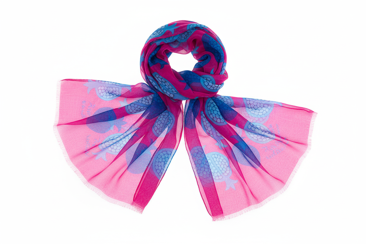 Pink and blue patterned scarf on a white background