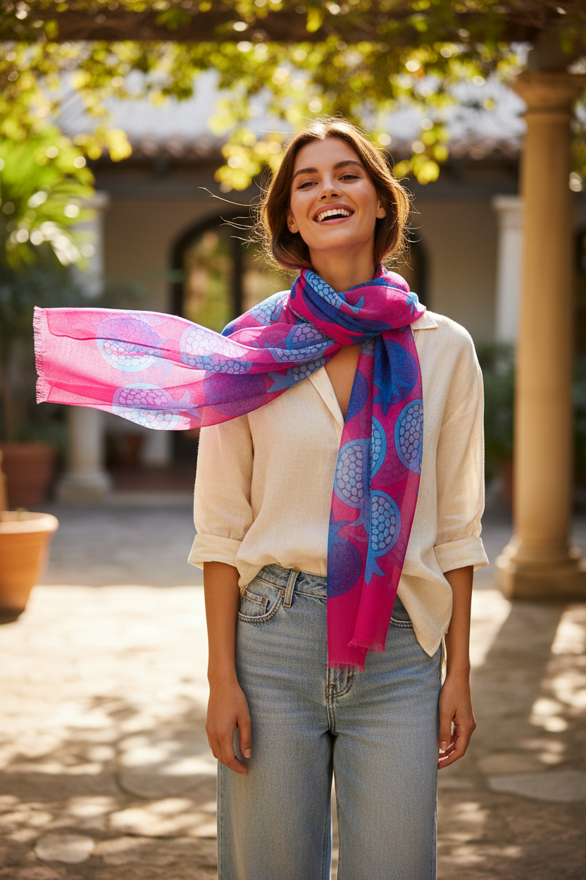 Woman wearing a colorful scarf in an outdoor setting