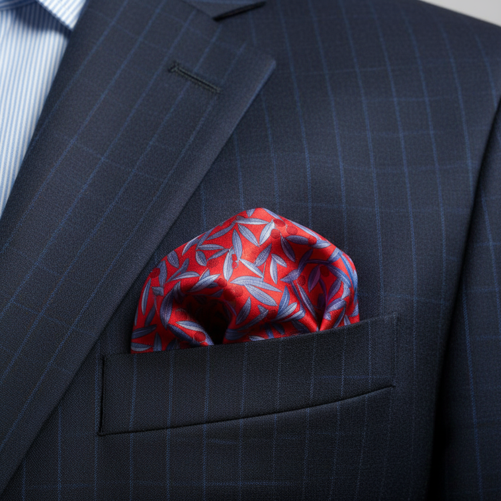 Red and blue patterned pocket square in a navy suit pocket