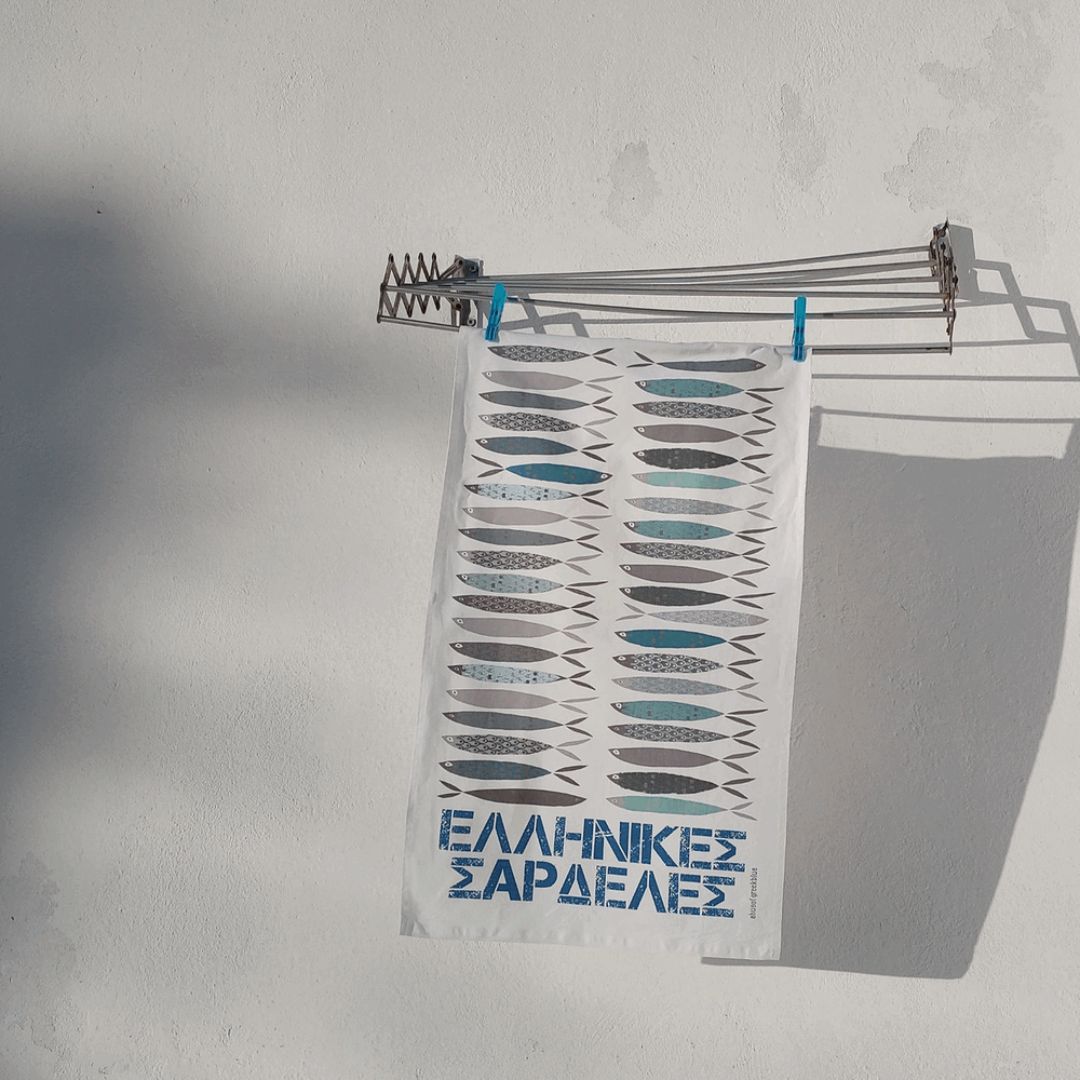 Greek sardine print tea towel