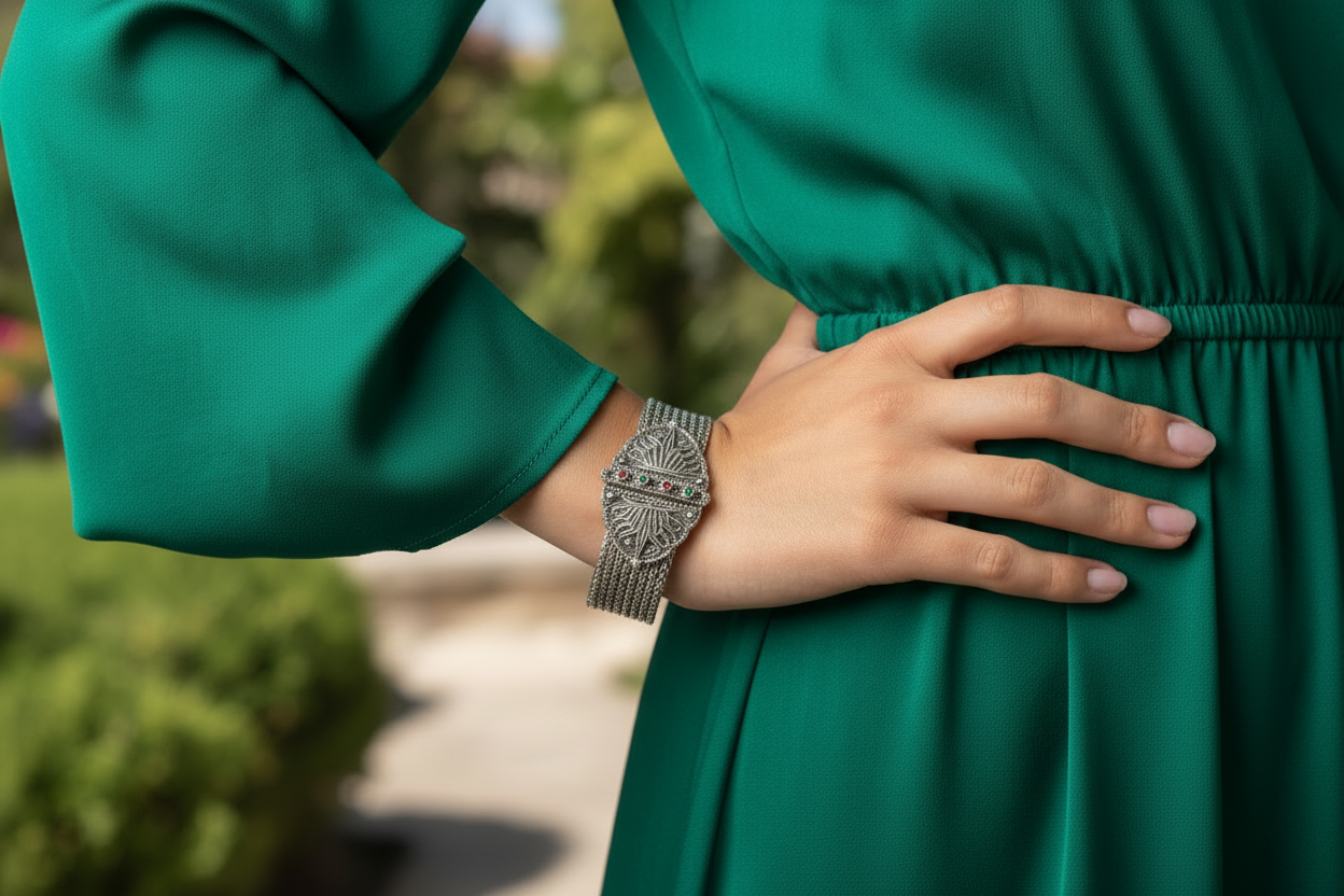 Person wearing a green dress with a hand on their hip, outdoors.