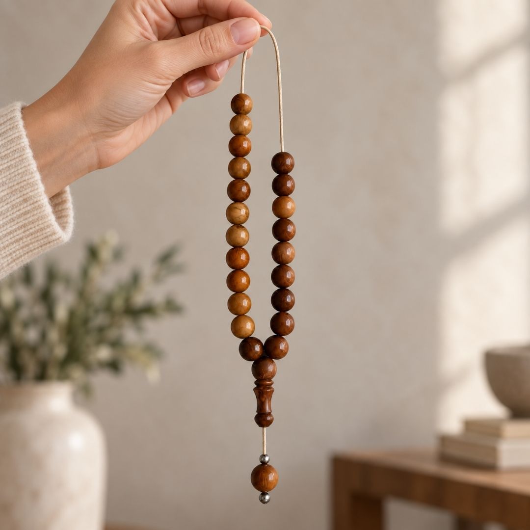Brown beaded strand held by hand
