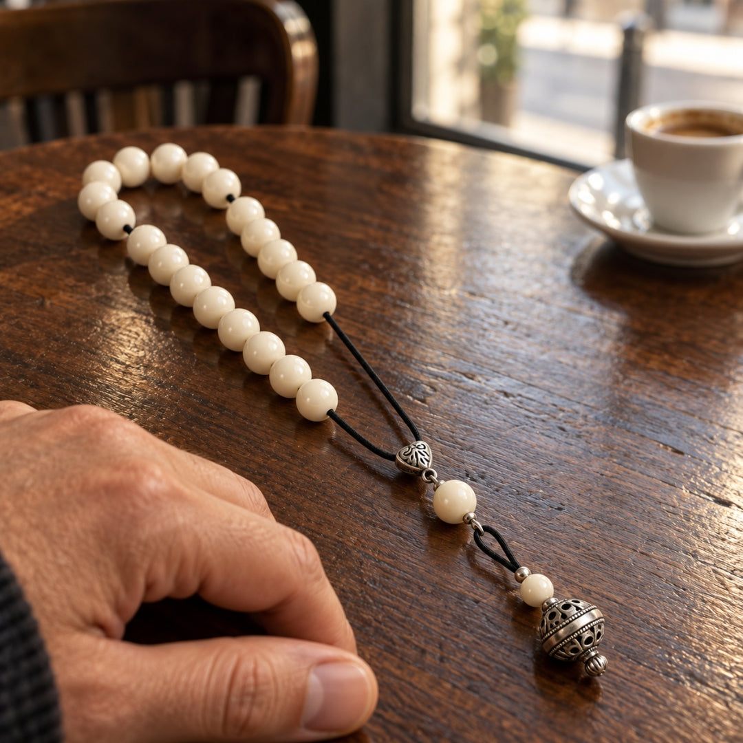 Ivory prayer beads on wooden table