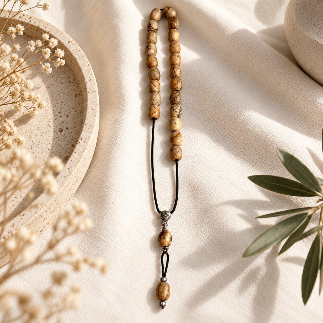 Picture jasper beads on linen