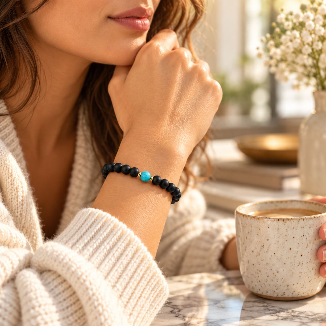 Close-up of black turquoise bracelet on wrist