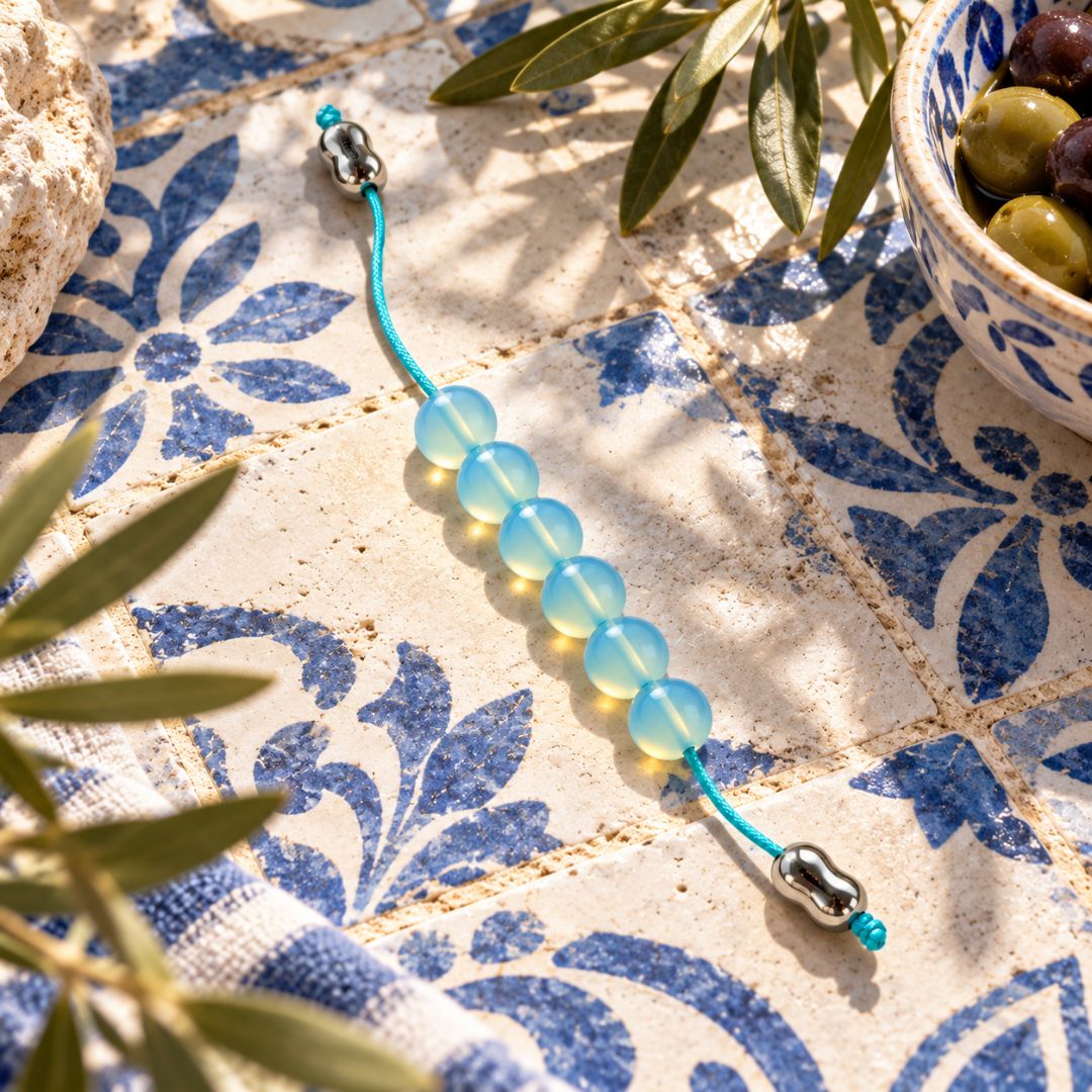 Blue worry beads displayed on Mediterranean tiles