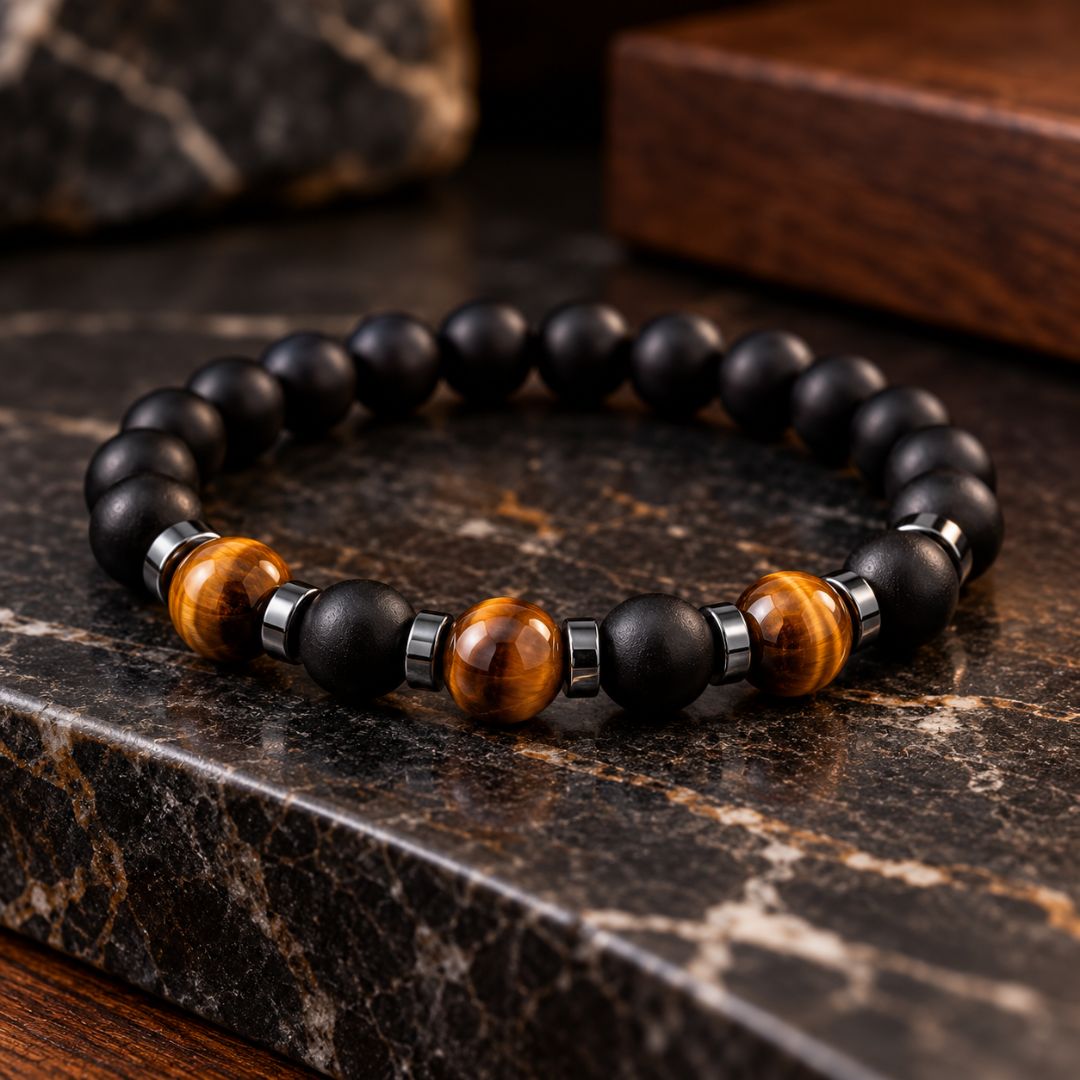 1. Black tiger eye bracelet on marble surface