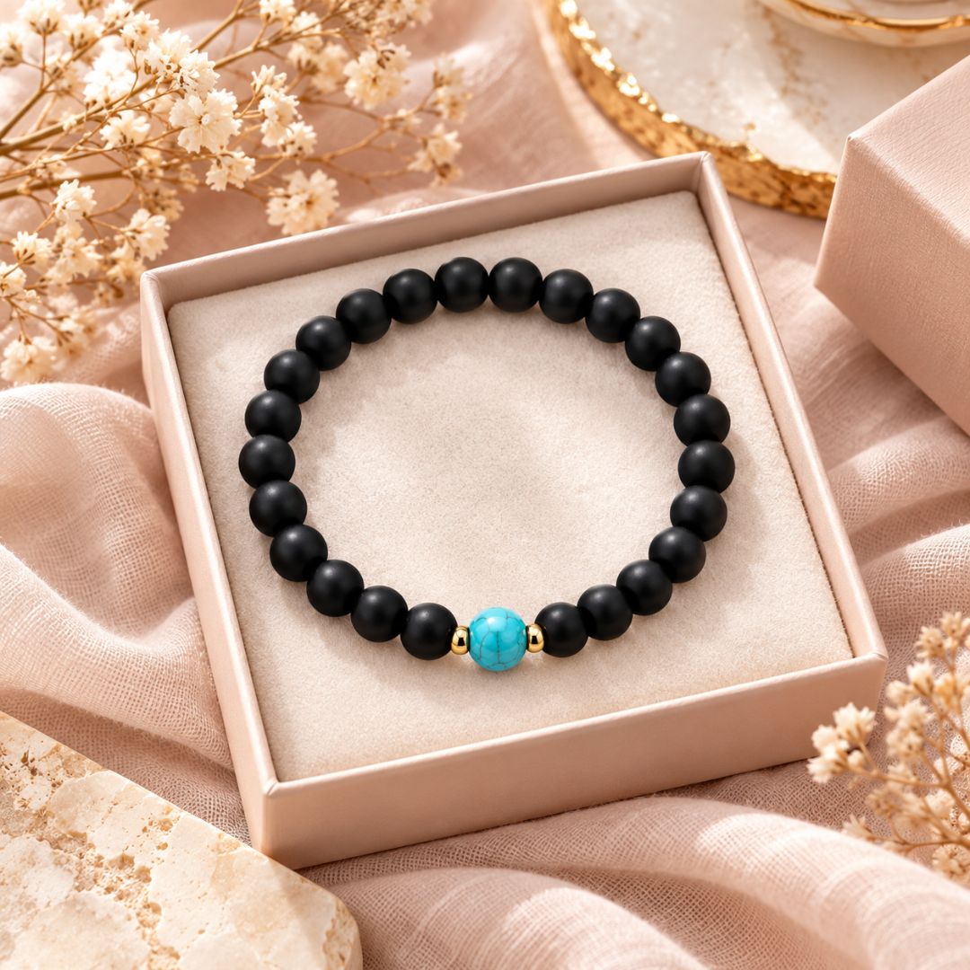 Black turquoise beaded bracelet displayed in gift box