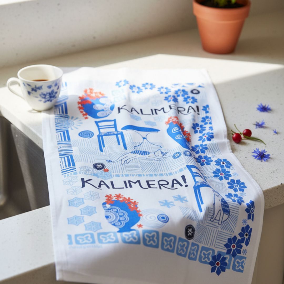 Kalimera Greek cotton tea towel