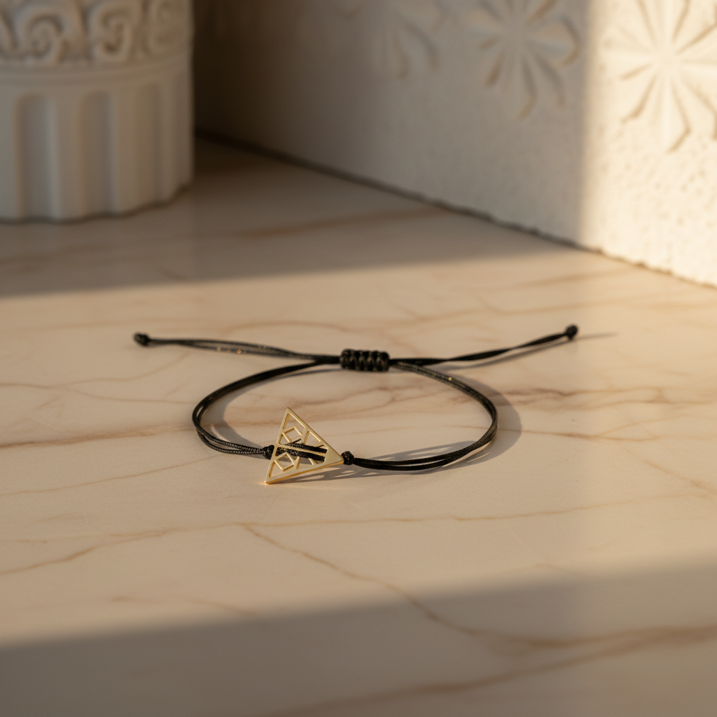 Black cord bracelet with a gold triangle charm on a light wooden surface.