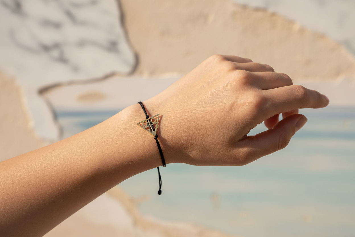 Hand wearing a bracelet with a blurred beach background