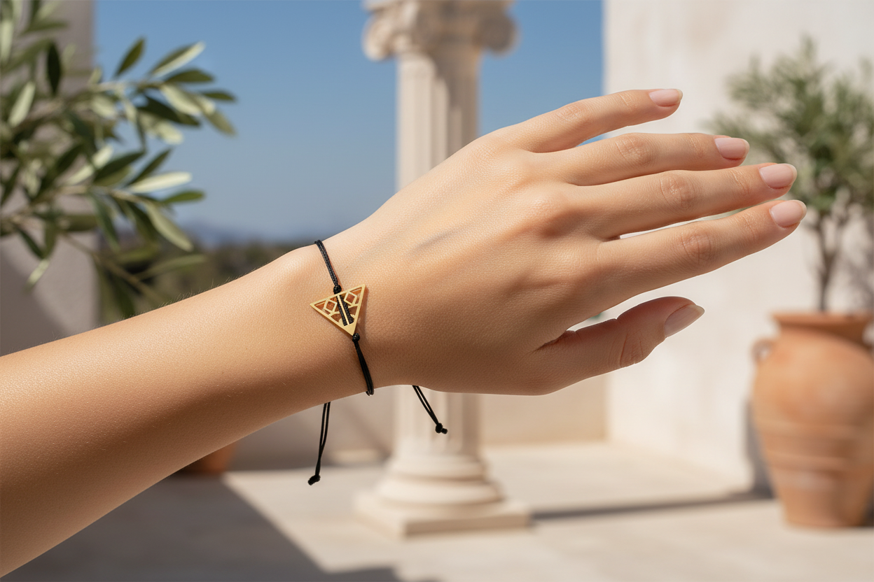 Hand wearing a black bracelet with a geometric design outdoors