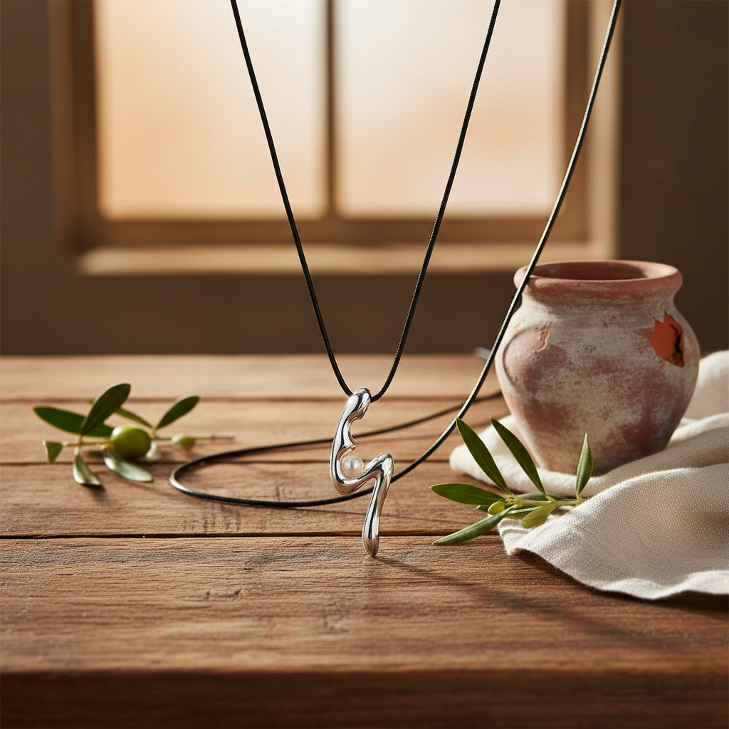 Silver necklace with a pendant on a wooden surface with a vase and leaves.