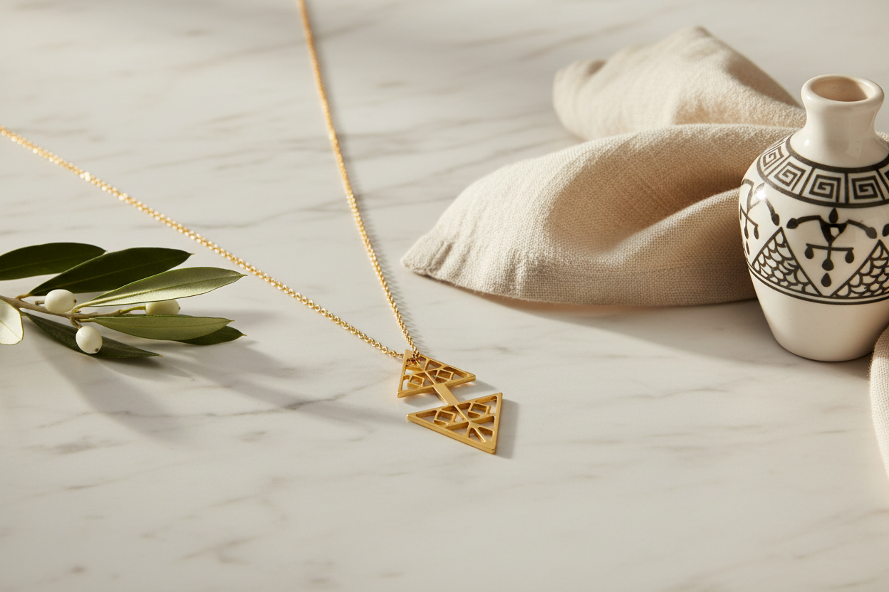 Gold necklace with a geometric pendant on a light surface with a vase and leaves.