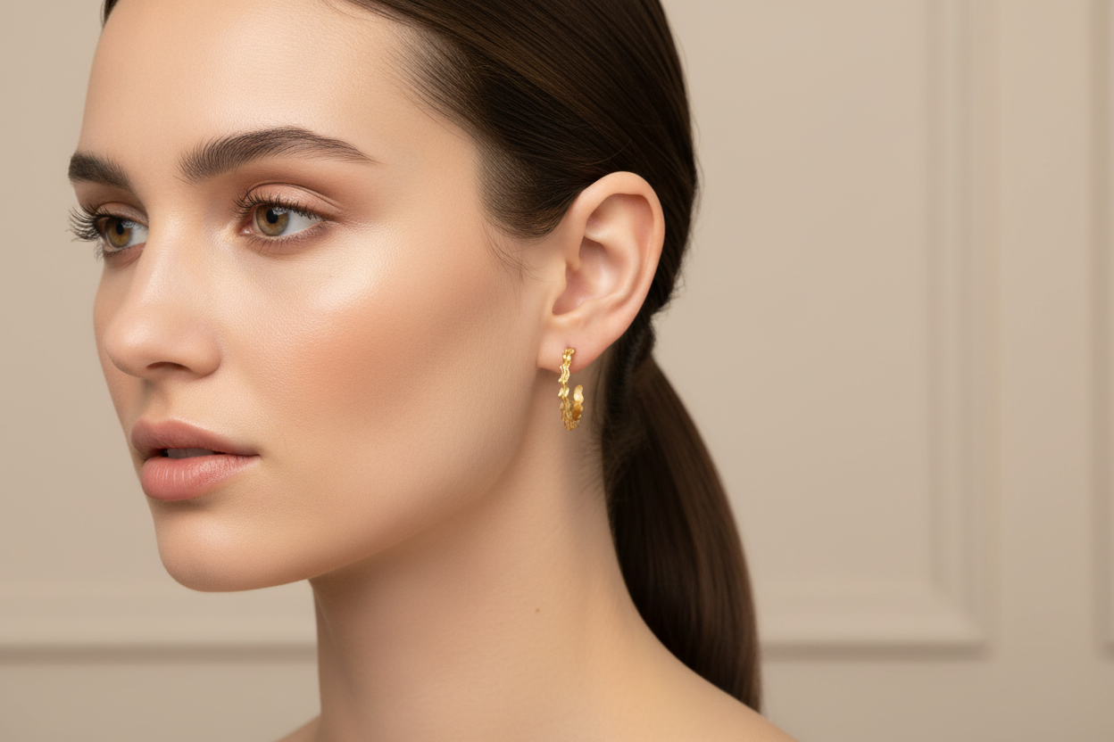 Woman wearing gold earrings with a neutral background