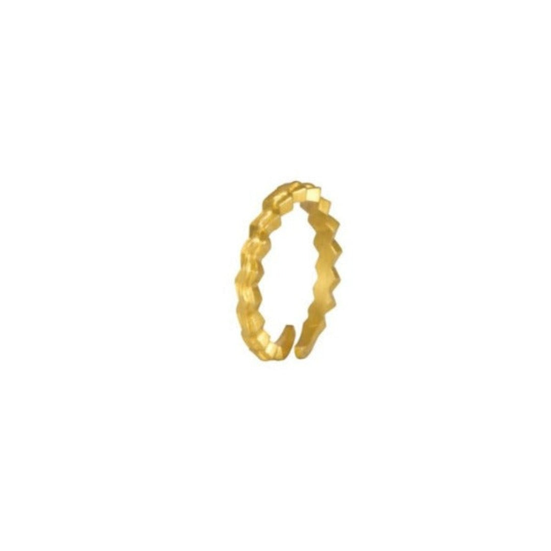 A gold-plated adjustable ring with a textured band, viewed from a side angle against a white background.
