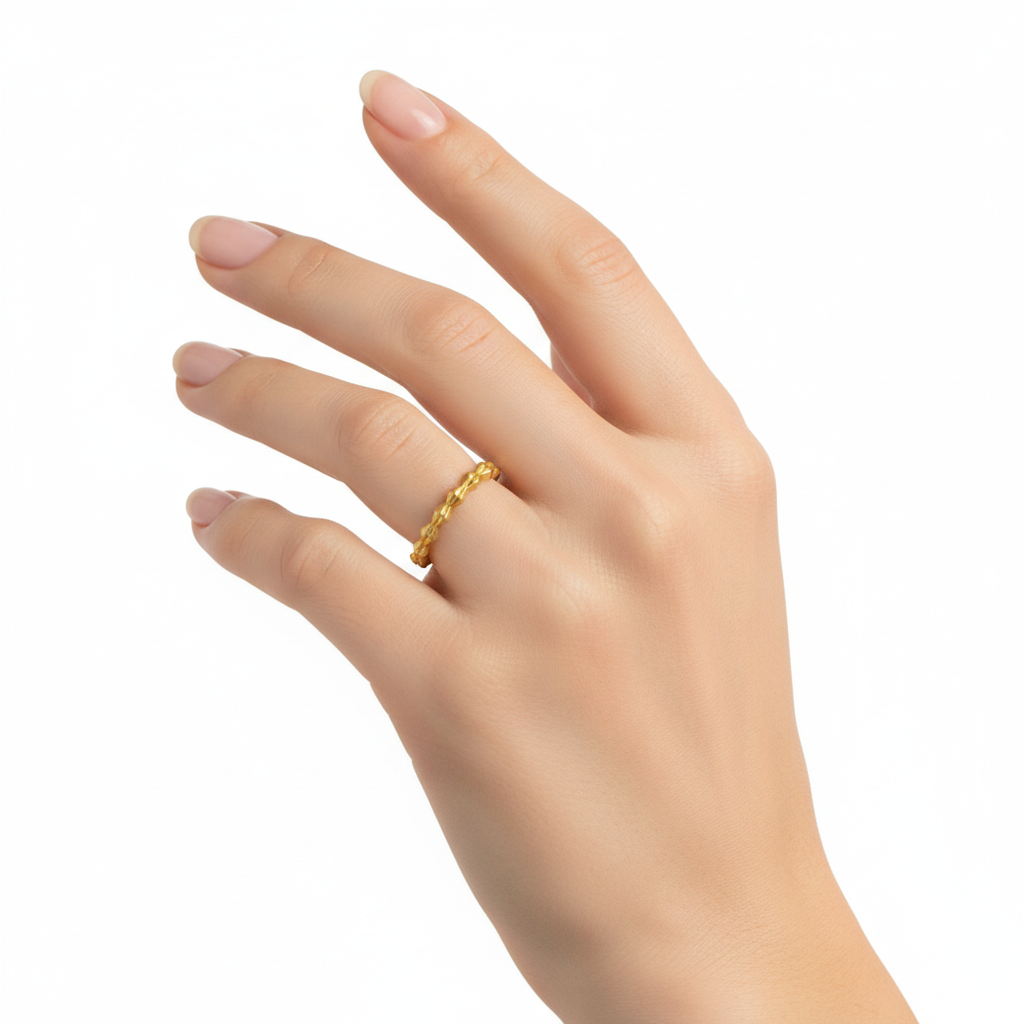 Gold ring on a hand against a white background
