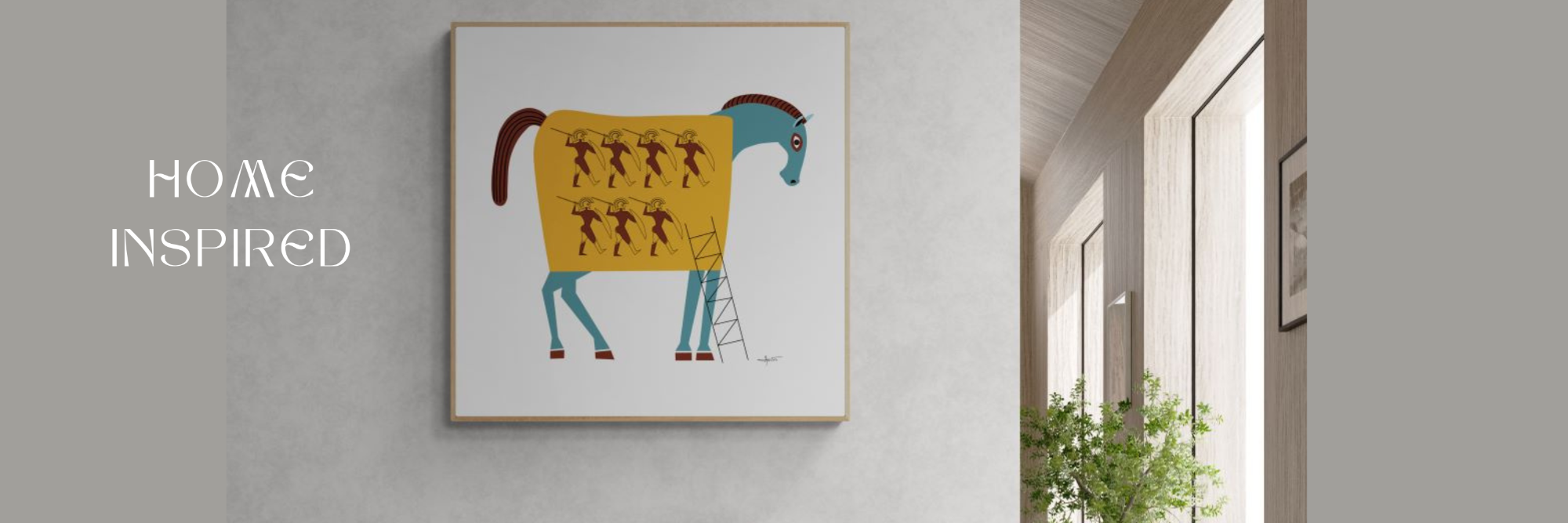 Framed artwork of a colorful horse on a wall in a home setting.