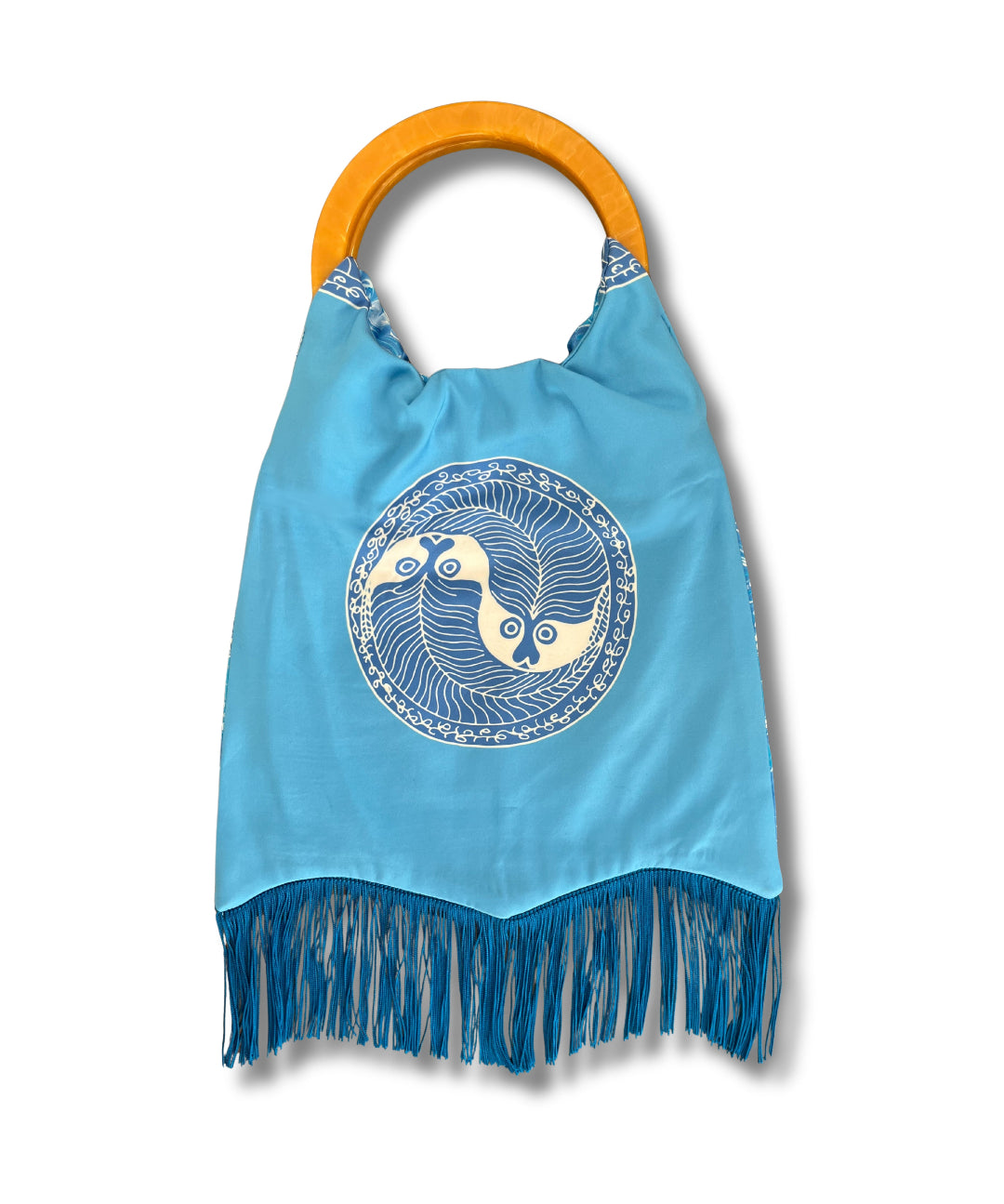 Blue bag with a circular design and orange handle on a white background