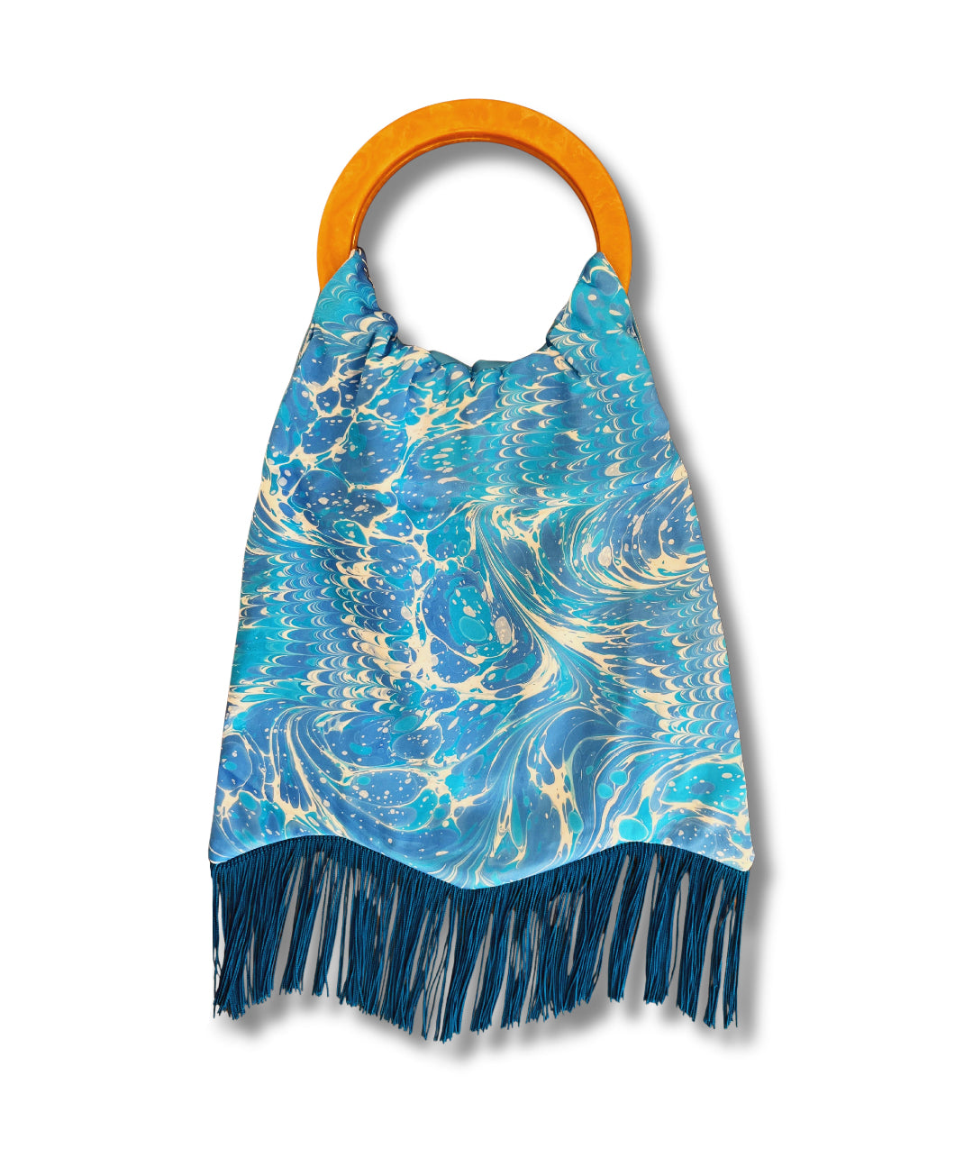 Blue and gold marbled handbag with a wooden handle on a white background