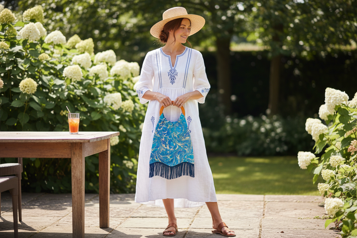 Woman in a white dress with blue patterns standing outdoors near a table with a drink.