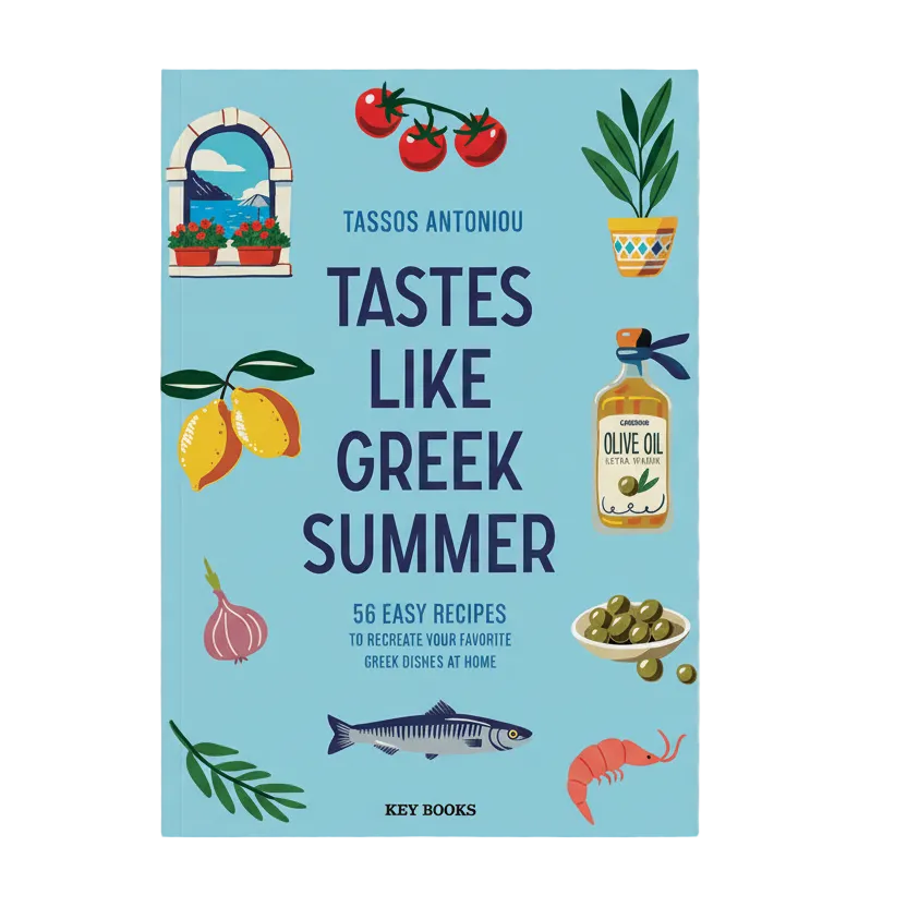 Book cover of 'Tastes Like Greek Summer' with illustrations on a transparent background