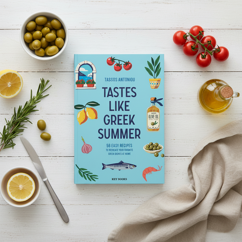 Cookbook titled 'Tastes Like Greek Summer' on a wooden surface with ingredients around it.