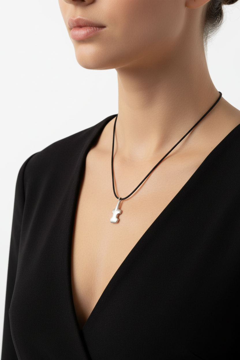 Necklace with a small pendant worn by a person in a black top on a white background